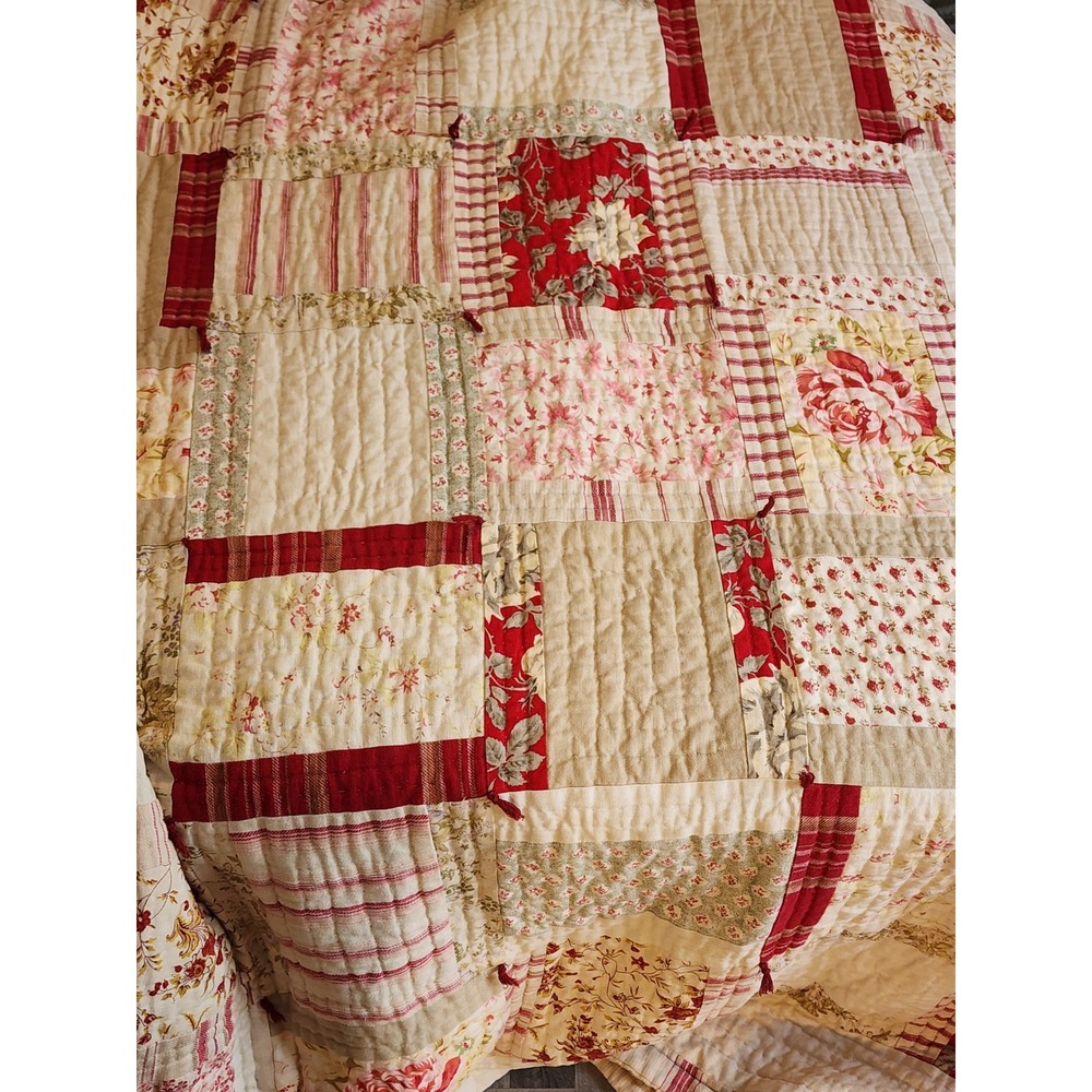 Pottery Barn Patchwork Quilt Full Queen Red Cream Linen Cotton Reversable